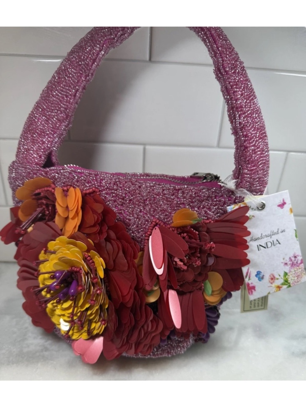 Brand New Release Beaded Pink Red Orange Sequin Made In India Floral Bag NWT